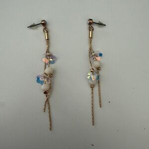 Gold Tone Iridescent Flower Dangle‎ Earrings White Bead Chain Drop Studs